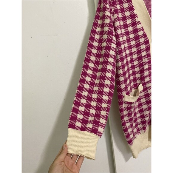 Who What Wear Cardigan Long Sweater Size M Pink Houndstooth Gold Buttons Pockets - Picture 6 of 14